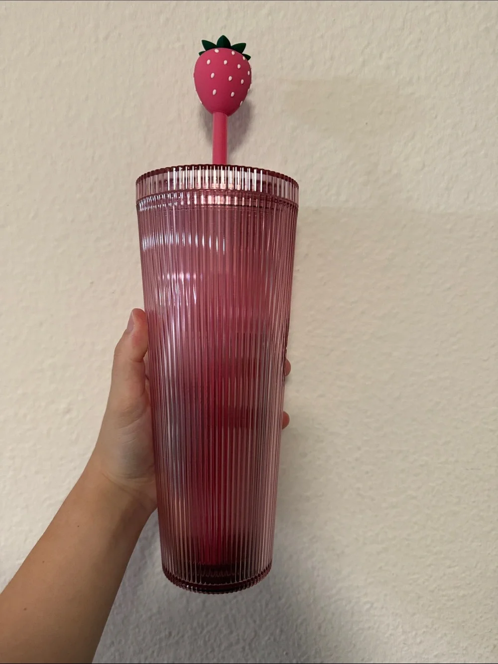 Starbucks Pink Ribbed Tumbler with Strawberry Topper